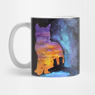 turquoise galaxy stars  orange sunset  cat silhouette Mug